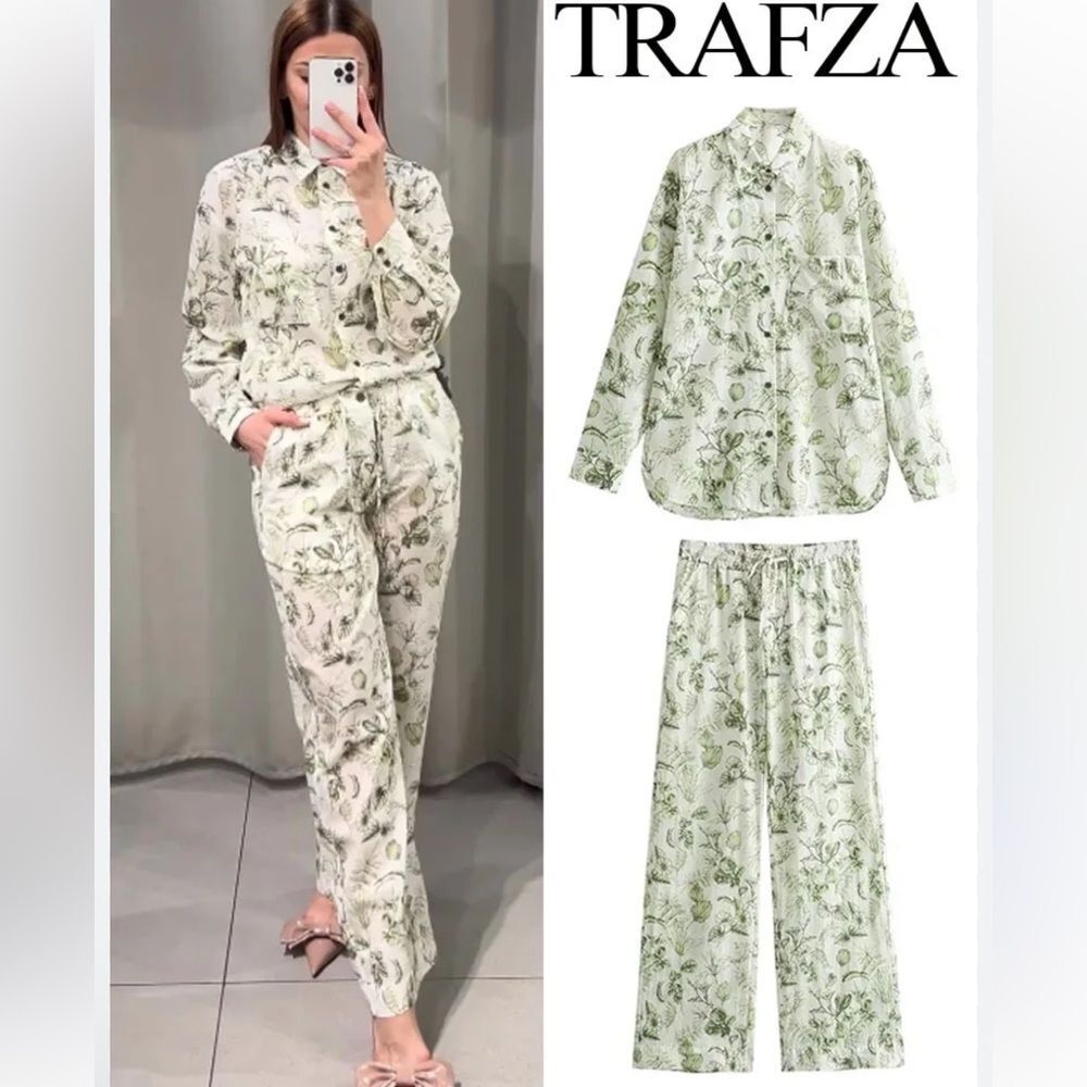 Zara Cream and Light Green Floral Wide-Leg Set — Two-Piece